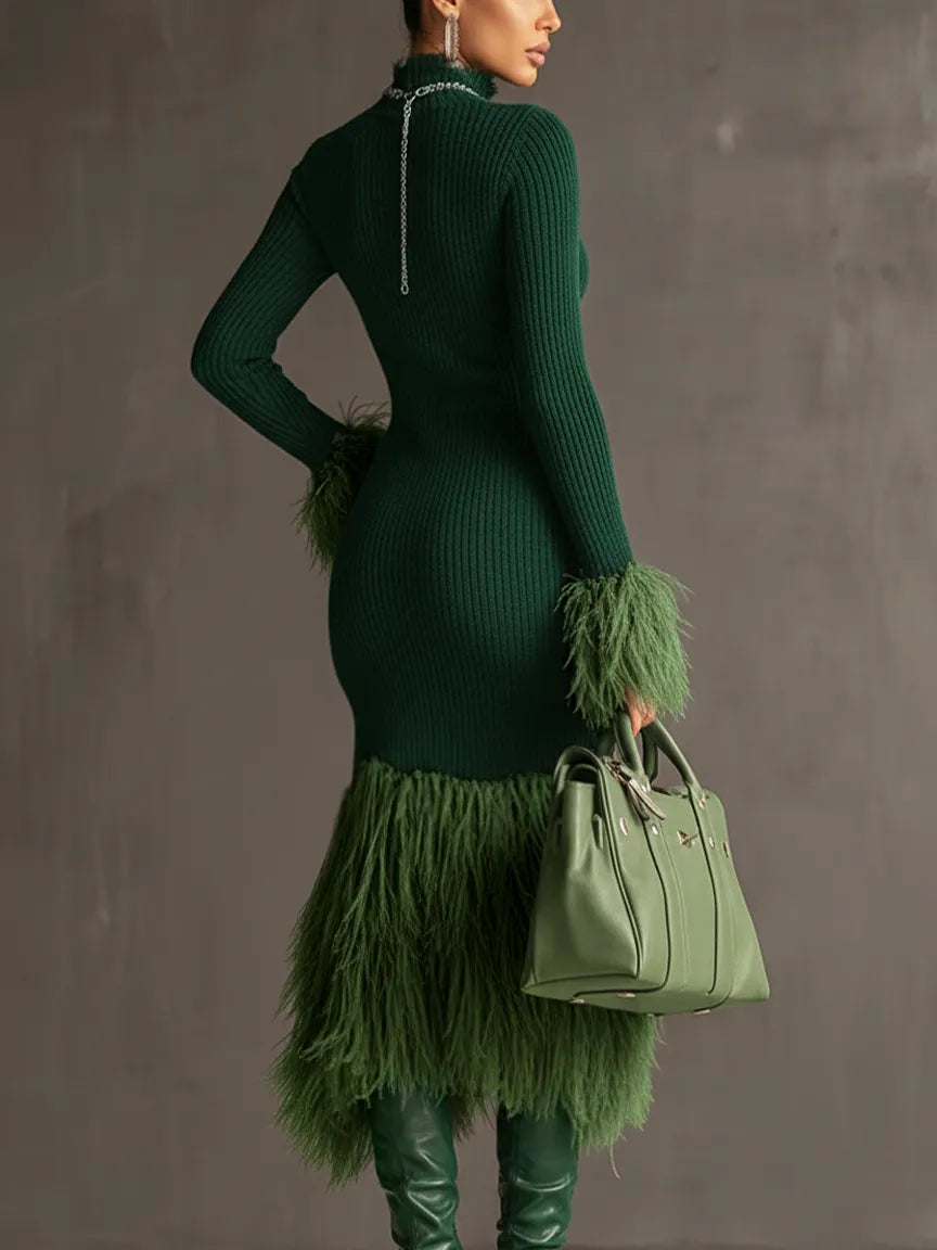 24-Hour-Shipping Emerald Knit Patchwork Eco Faux Fur Long Sleeve Bodycon Dress