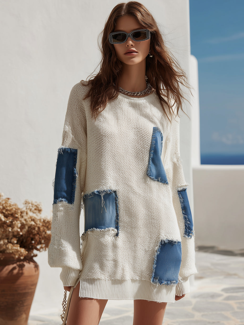 Boho Resort Off White Denim Patchwork Fringe Knit Mini Dress