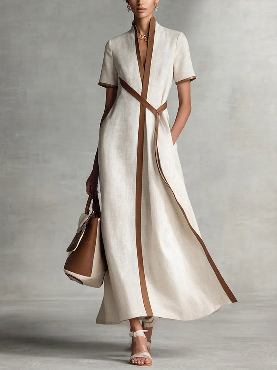 Women's V-neck Short-sleeve Casual Loose Cotton-linen Dress