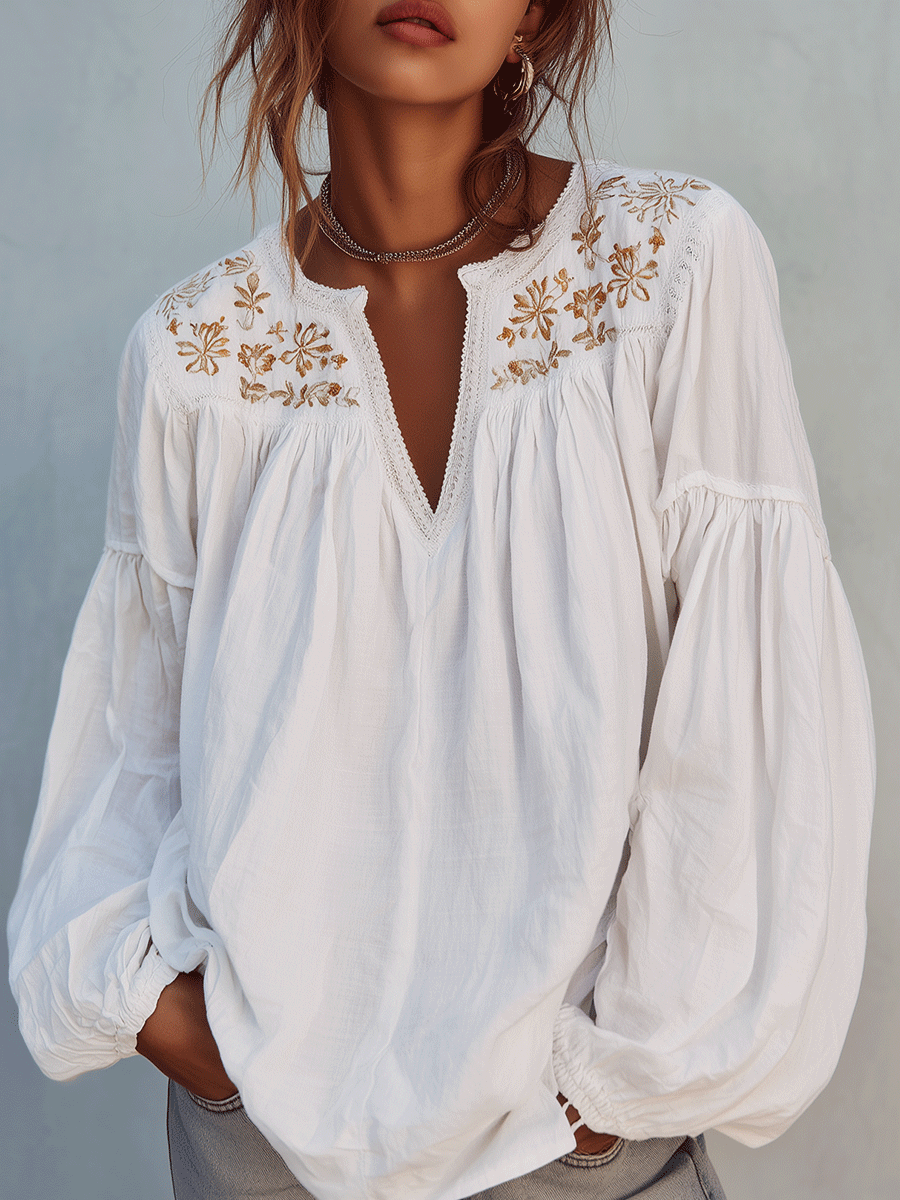 Boho White Embroidered Cotton Long Sleeve Blouse