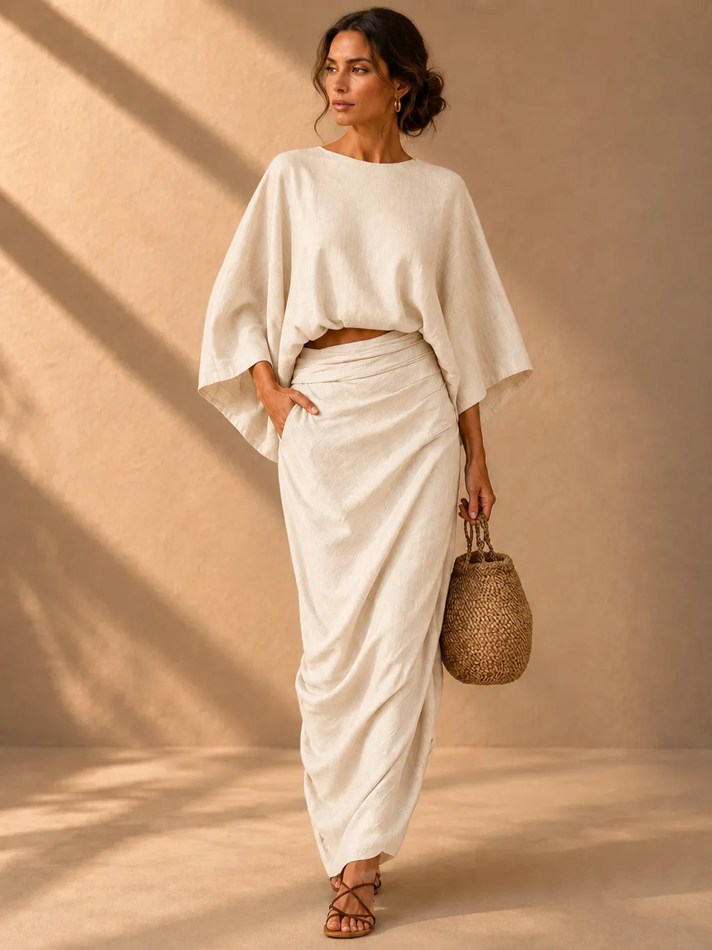 Linen Blend Batwing Top & Wrap Maxi Skirt Two‐Piece Set