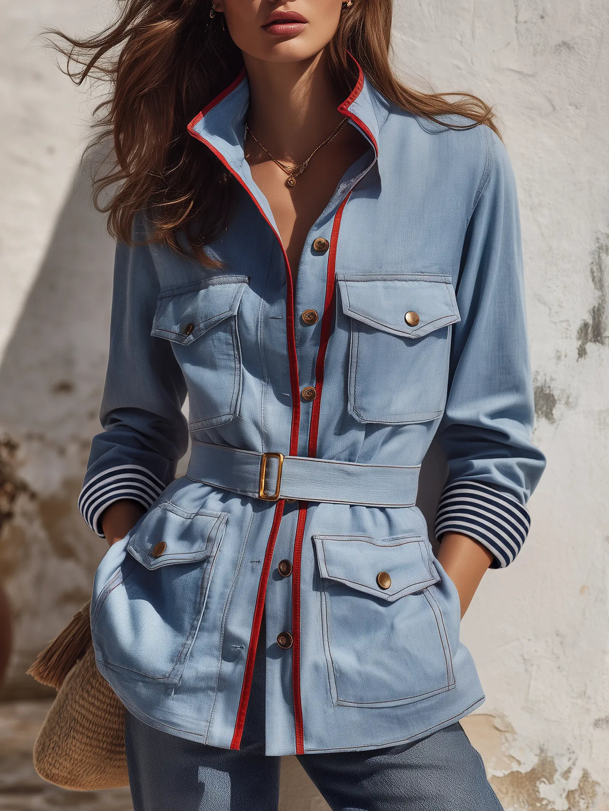 Casual Retro Color-blocked Trim Multi-pocket Jacket