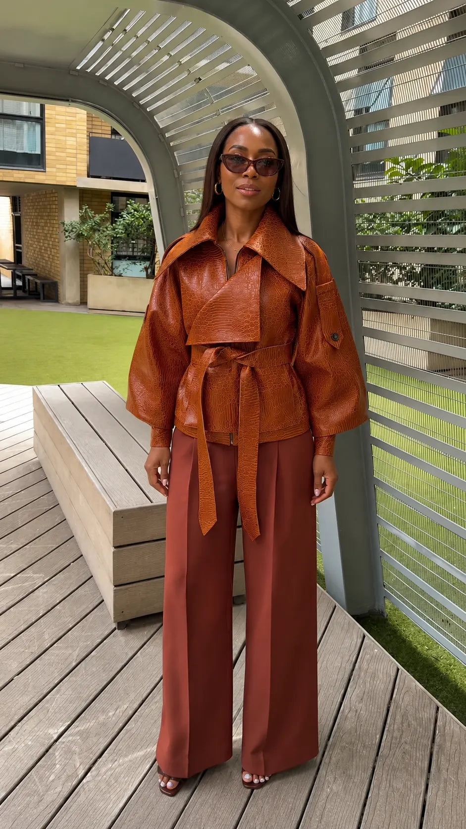 Croc‐Embossed Faux Leather Belted Wrap Jacket