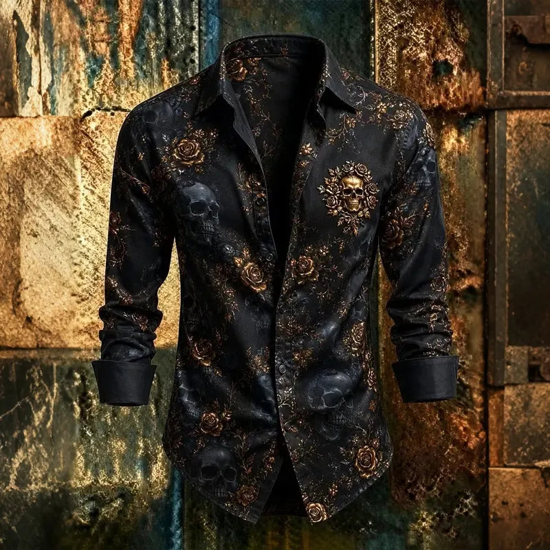 Men's Rose And Skull Art Print Long Sleeve Shirt