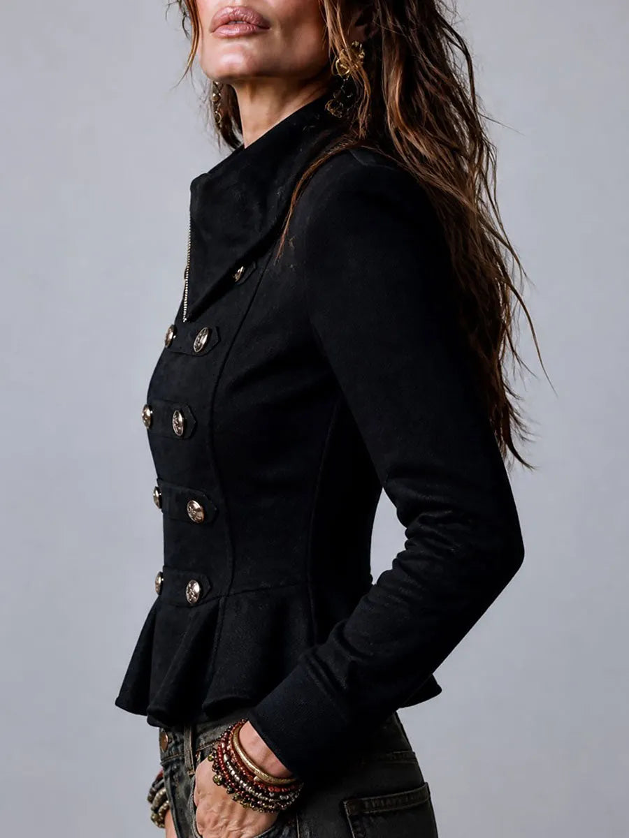 Boho Military Style Asymmetric-placket Double-Breasted Buttons Peplum Jacket