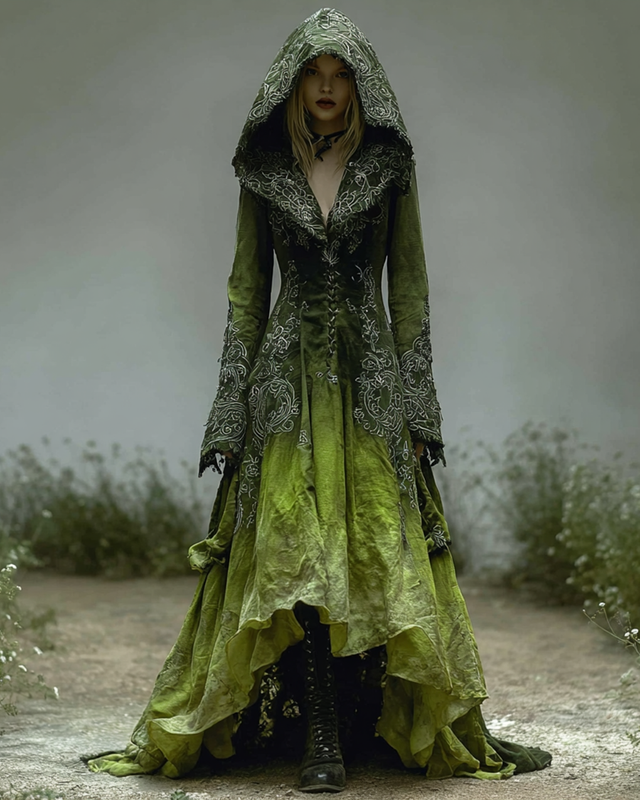 Halloween Irregular Gradient Embroidered Hooded Linen Evening Dress 8ac7