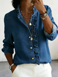 Women's Casual Denim Ruffled Shirt