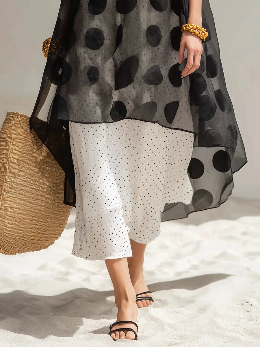 Polka-dot Double-layer Gauze Spaghetti-strap Asymmetrical Maxi Dress