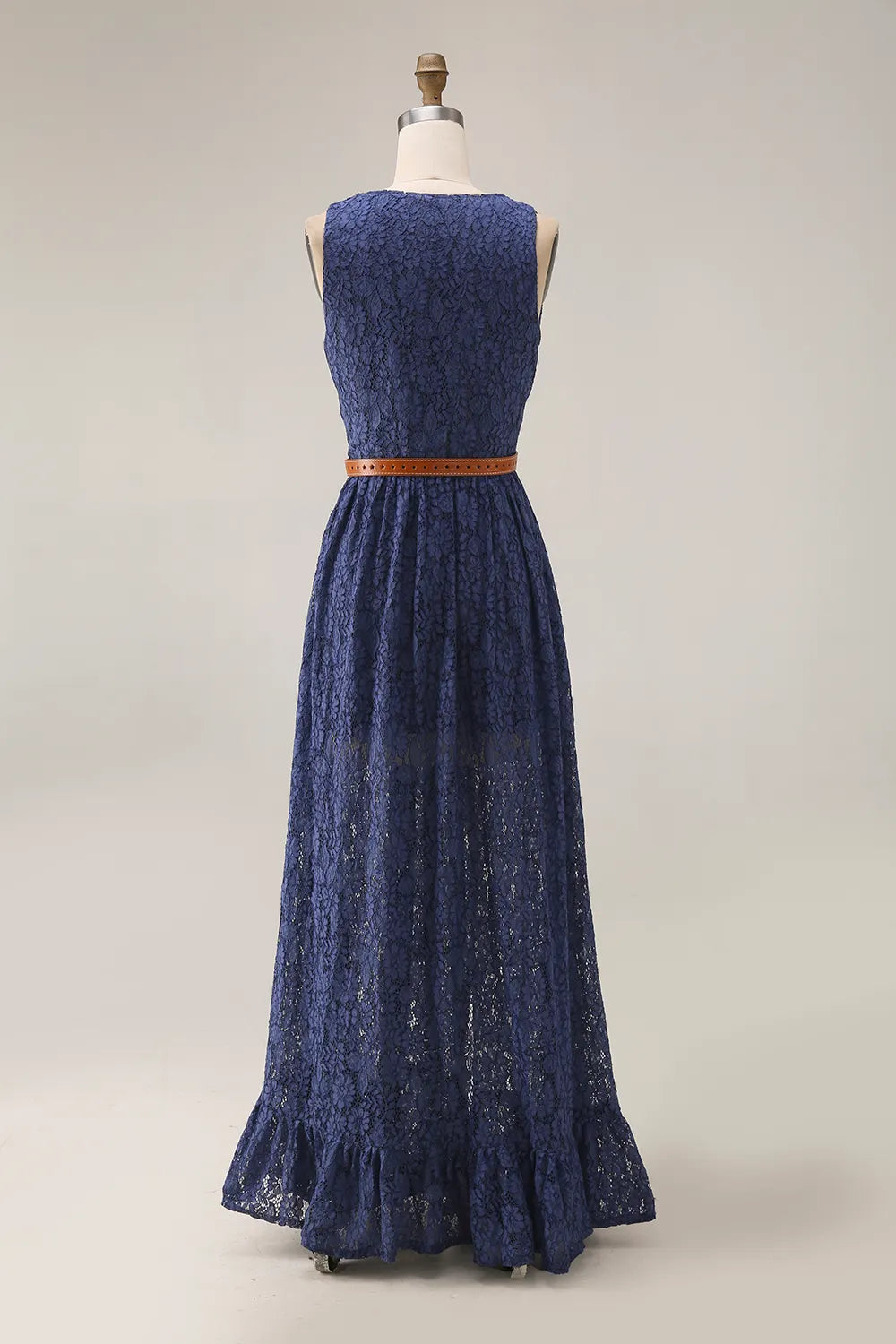 Boho Lace Dress Blue V Neck Sleeveless Belted High Slit Maxi Dress