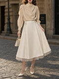 Vintage Two‑Piece Set Draped Cowl Neck Blouse Mesh Hem A‑Line Midi Skirt