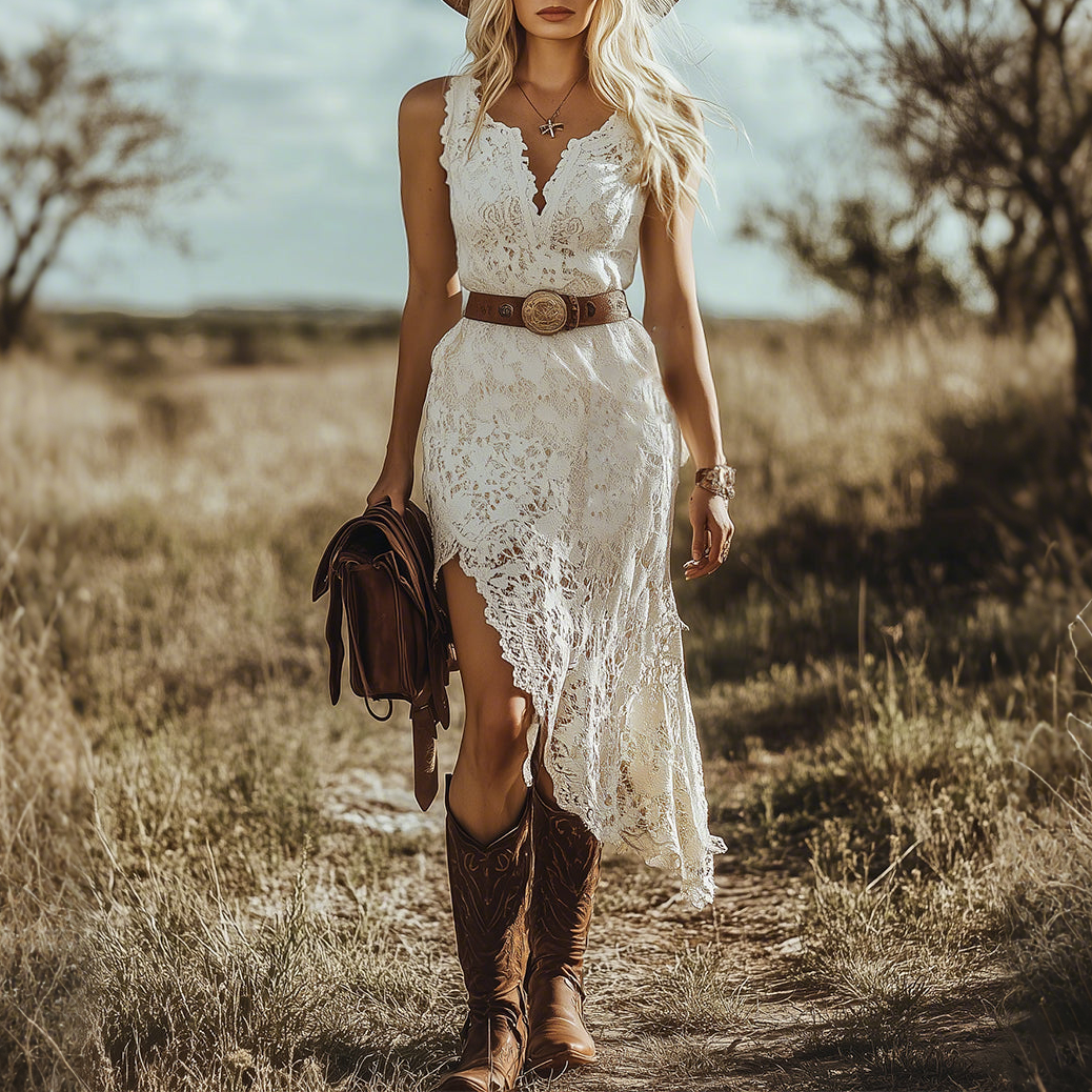 Women's Retro Bohemian White Lace Sleeveless Midi Dress
