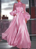 Pink High-Neck Satin Maxi Dress