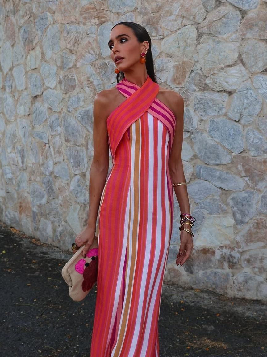 Sunset Samba Cross-Halter Stripe Dress