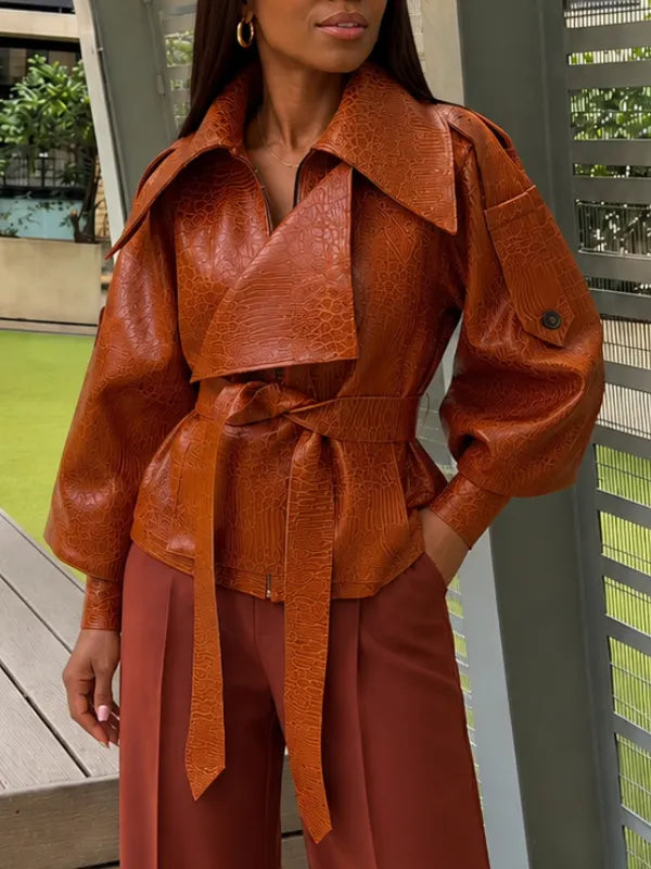 Croc‐Embossed Faux Leather Belted Wrap Jacket