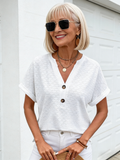 Casual Solid Color Button-down V-neck T-shirt Women's Short Sleeves