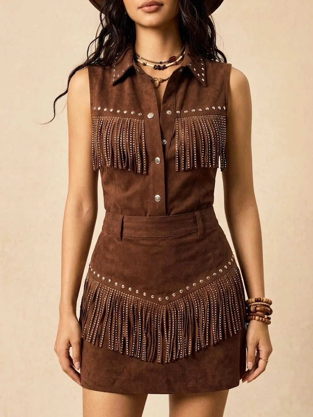 Retro Desert Escape — Coffee Brown Studded Fringe Sleeveless Suede