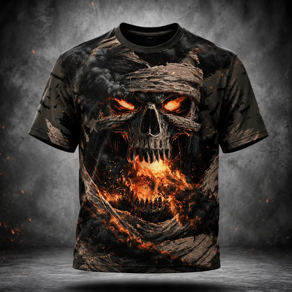 Men's T-shirt With Mummy Skull And Fire Pattern