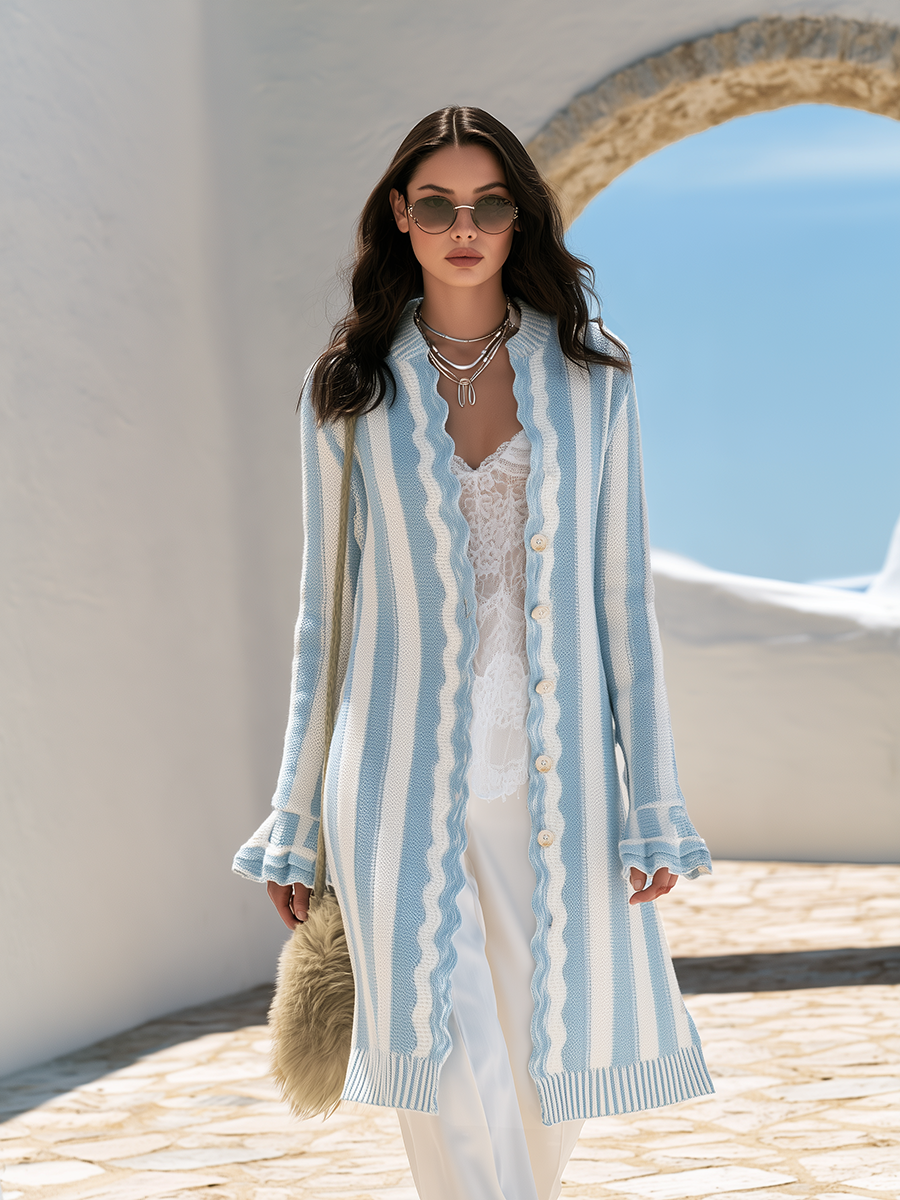 Stylish Ruffled Light Blue Vertical-Stripe Knit Cardigan