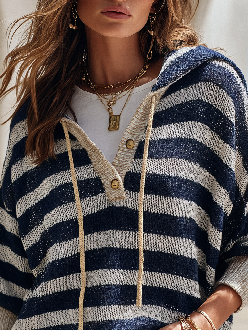 Retro Casual Striped Knit Hoodie