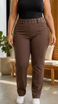 Plus‐Size Double Buckle High‐Waist Straight‐Leg Trousers