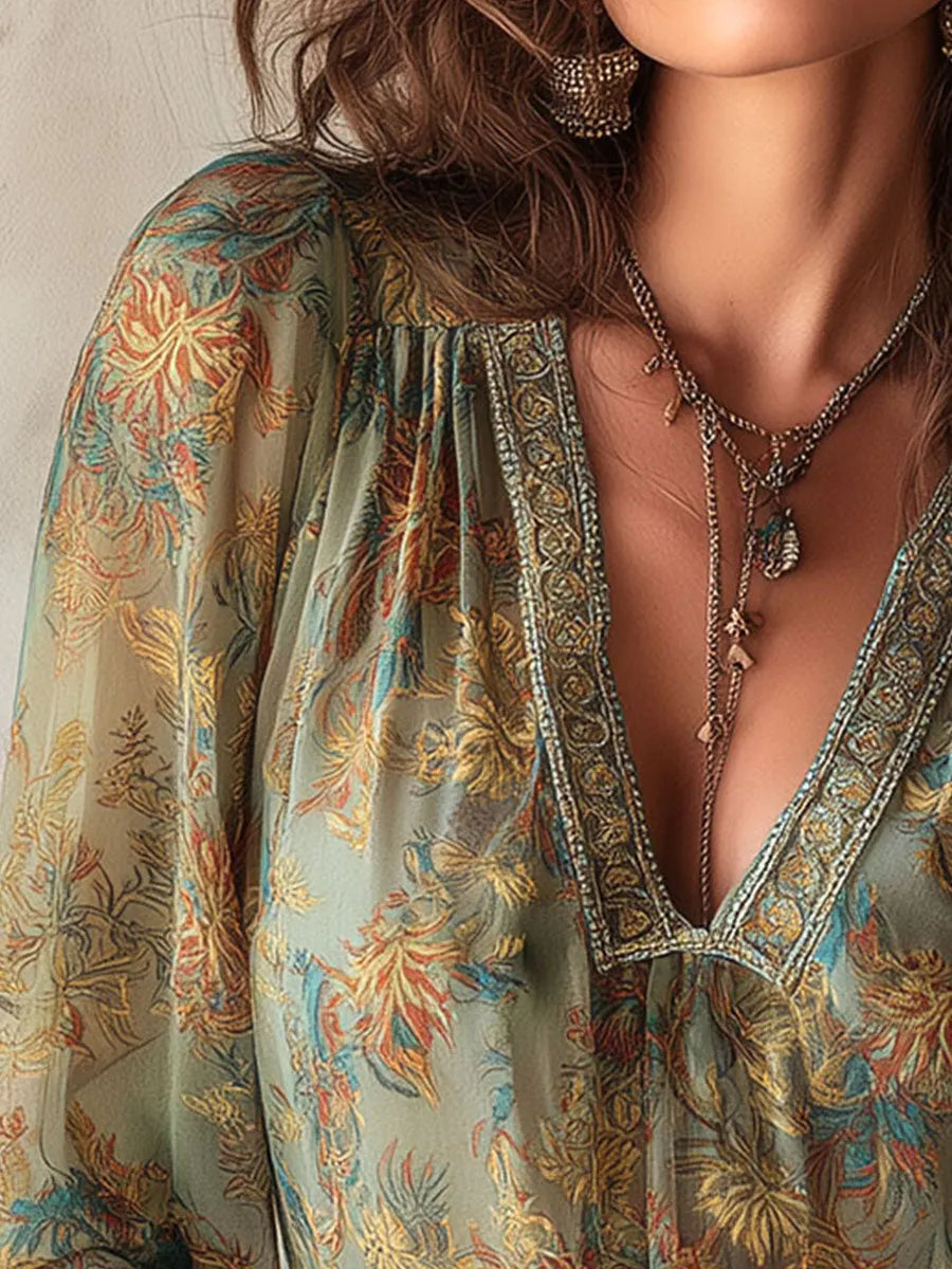 Boho Floral Sheer Chiffon Blouse With Lace Accent
