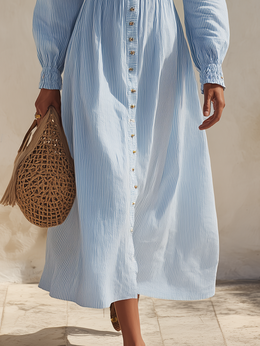 Resort-style U-neck Striped Midi Dress