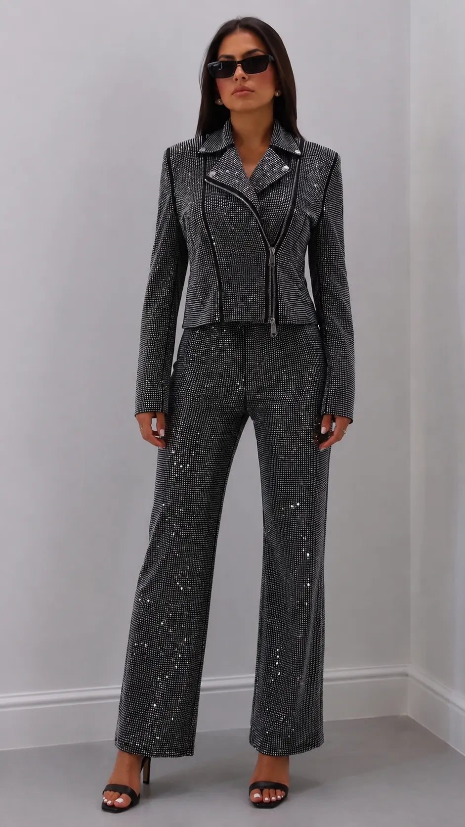 Rhinestone Biker Jacket & Wide Leg Pants Two‐Piece Suit