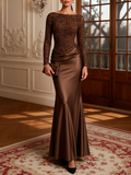 Brown Ruched Satin Boat Neck Long Sleeve Mermaid Floor Length Dress