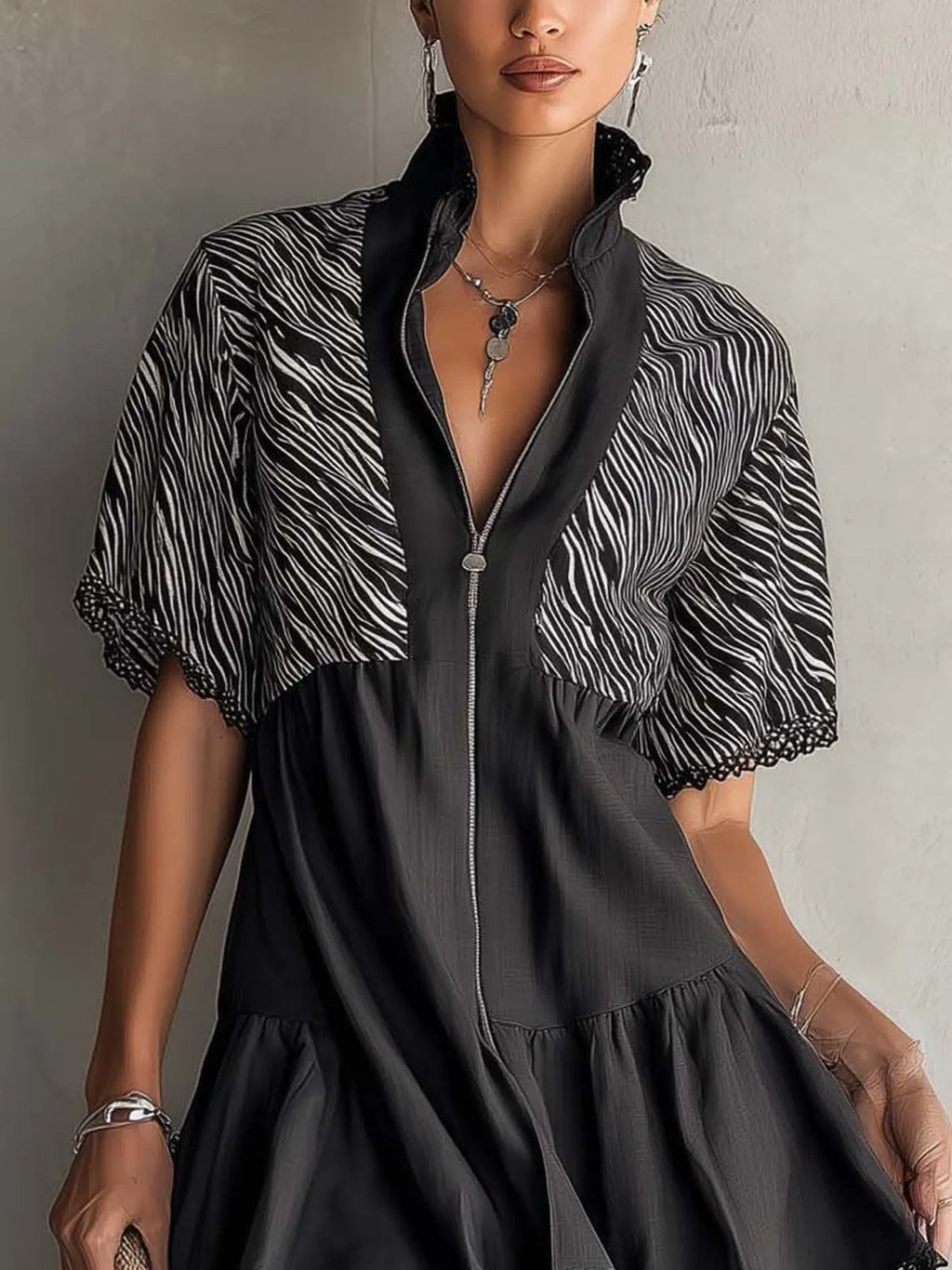 Black Zebra Print Lace Trim Zip Mini Dress