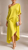 Yellow One‐Shoulder Asymmetrical Midi Dress