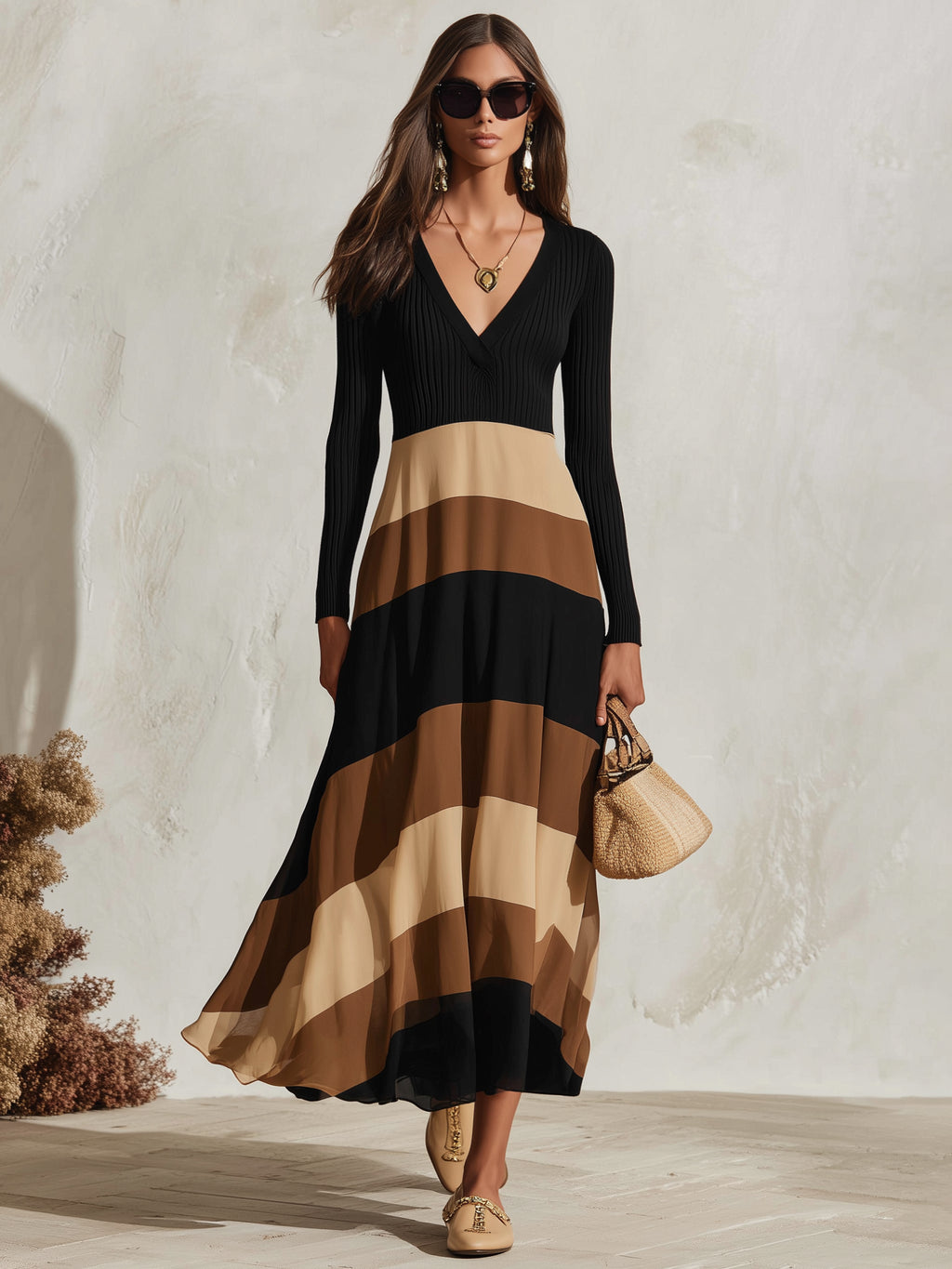 Bohemian Multi Brown Stripe Ribbed Knit Chiffon Maxi Dress