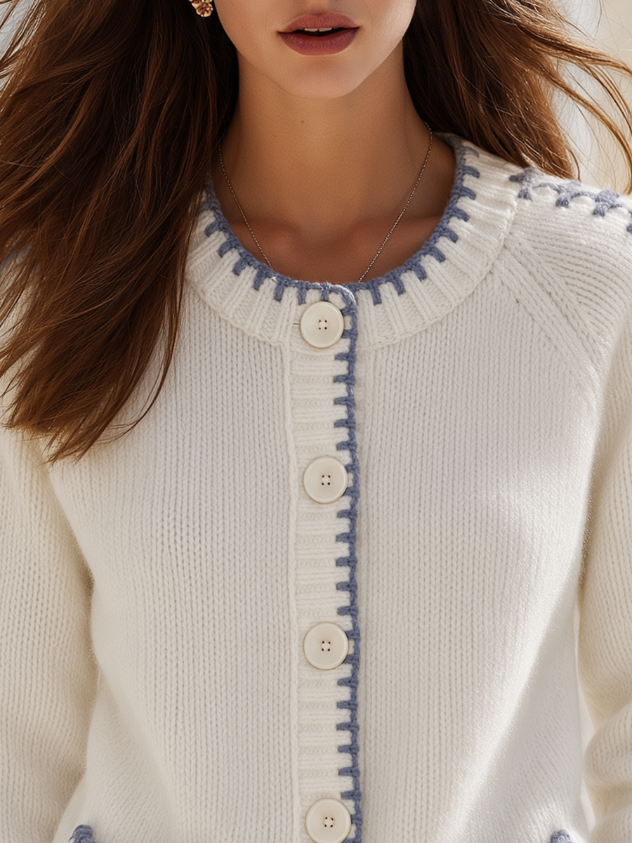Resort Style Crew Neck Pocket Long Sleeve Cardigan