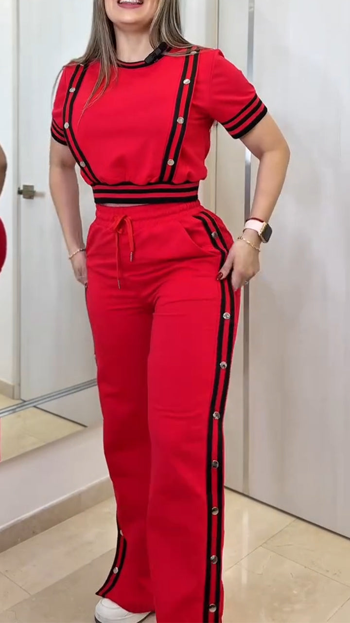 Ladies' Round Neck Patchwork Striped Top+buckle Side Slit Casual Set
