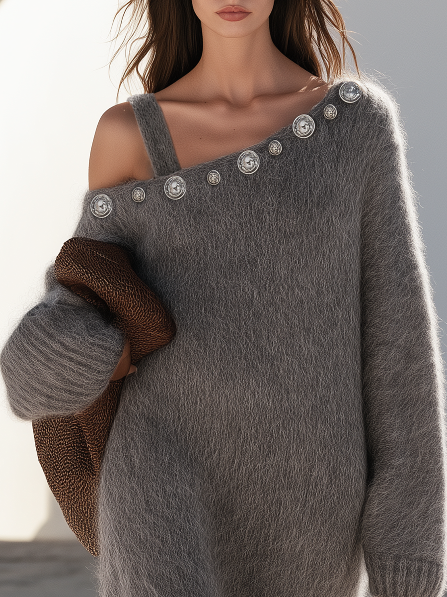 Stylish Asymmetric Button One Shoulder Grey Mohair Maxi Dress