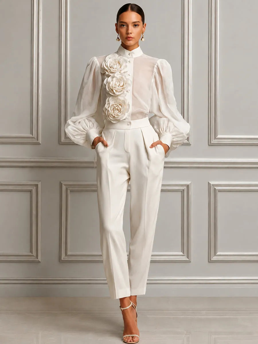 3D Rose Applique Blouse & High Waist Crepe Trousers Two-Piece Set