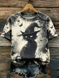 Women's Vintage Gothic Halloween Distressed Washed Witch Black Cat Pattern Short-sleeve T-shirt