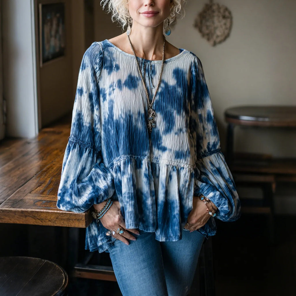 Outdoor Retro Tie-Dye Print Loose Comfortable Crew Neck Long Sleeve T-Shirt Top