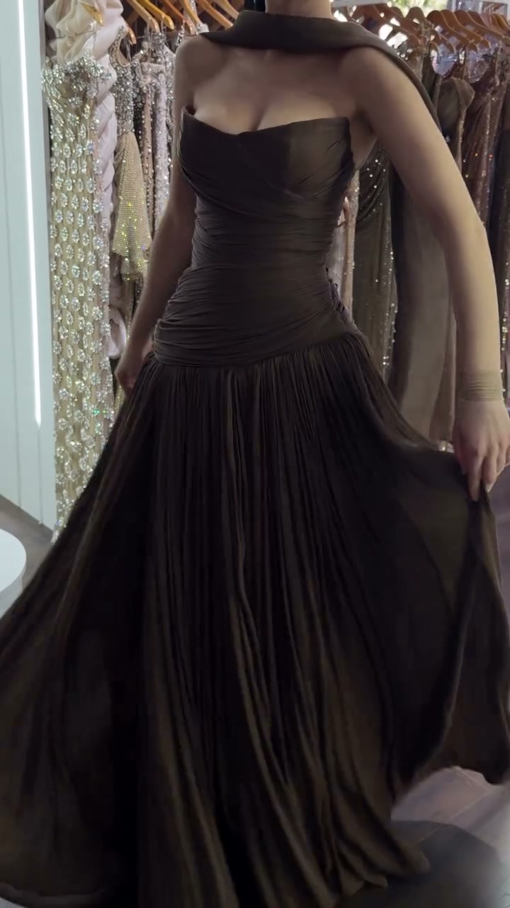 chocolate-brown-strapless-draped-gown-pleated-maxi-dress-with-scarf