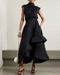Arresting asymmetric ruffled cloqué turtleneck dress