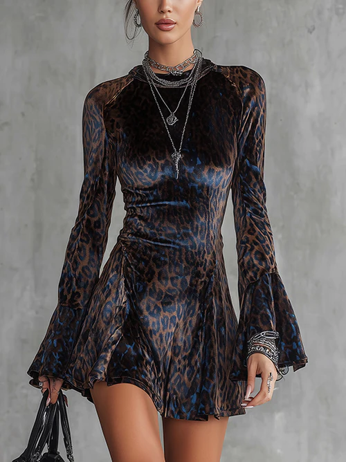 Blue Leopard Print Velvet Mini Dress