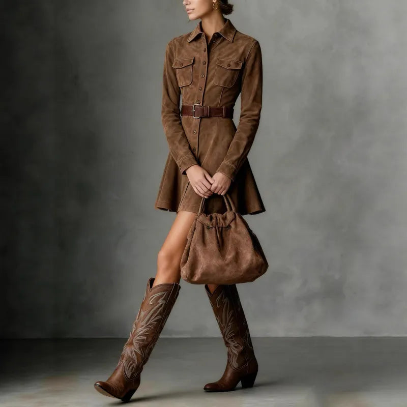 Western-style Distressed Brown Button-down Shirt Dress