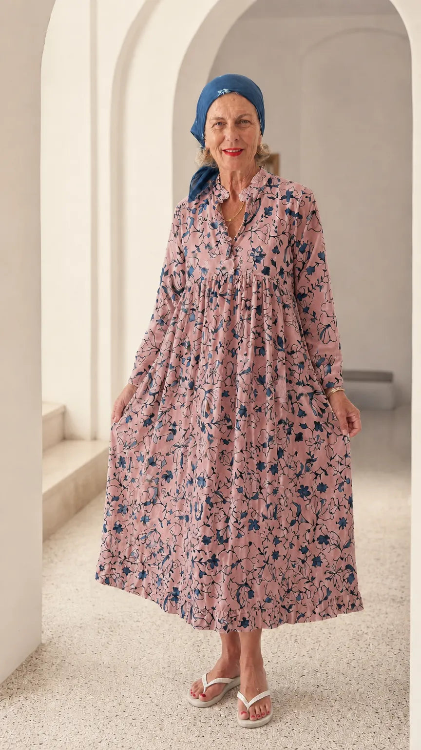 Floral Print Ruffle Collar Long Sleeve Midi Dress