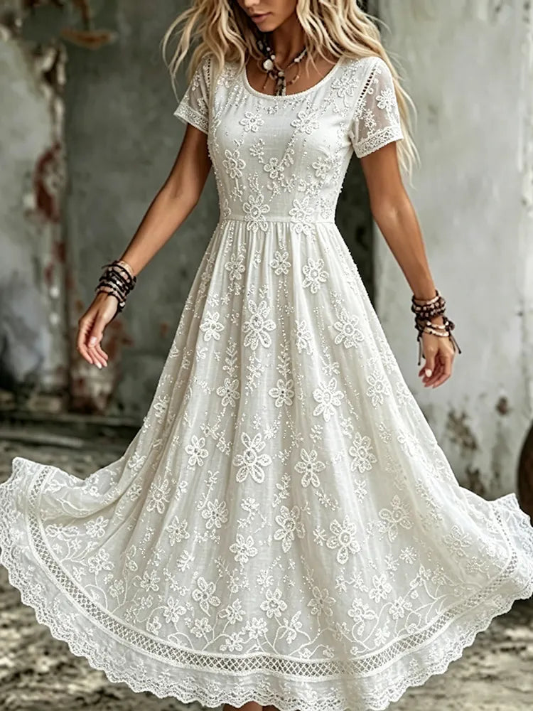 Women's White Rose Art Embroidered Linen Blend Round Neck Maxi Dress