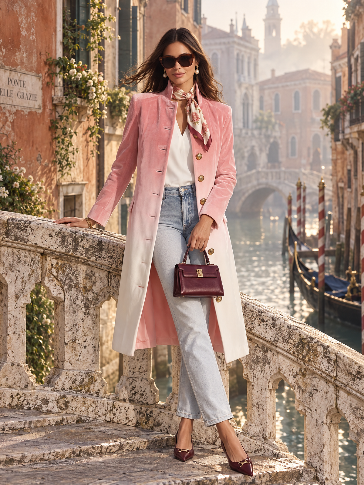 Elegant Gradient Print Stand Collar Single-breasted Mid-length Velvet Coat