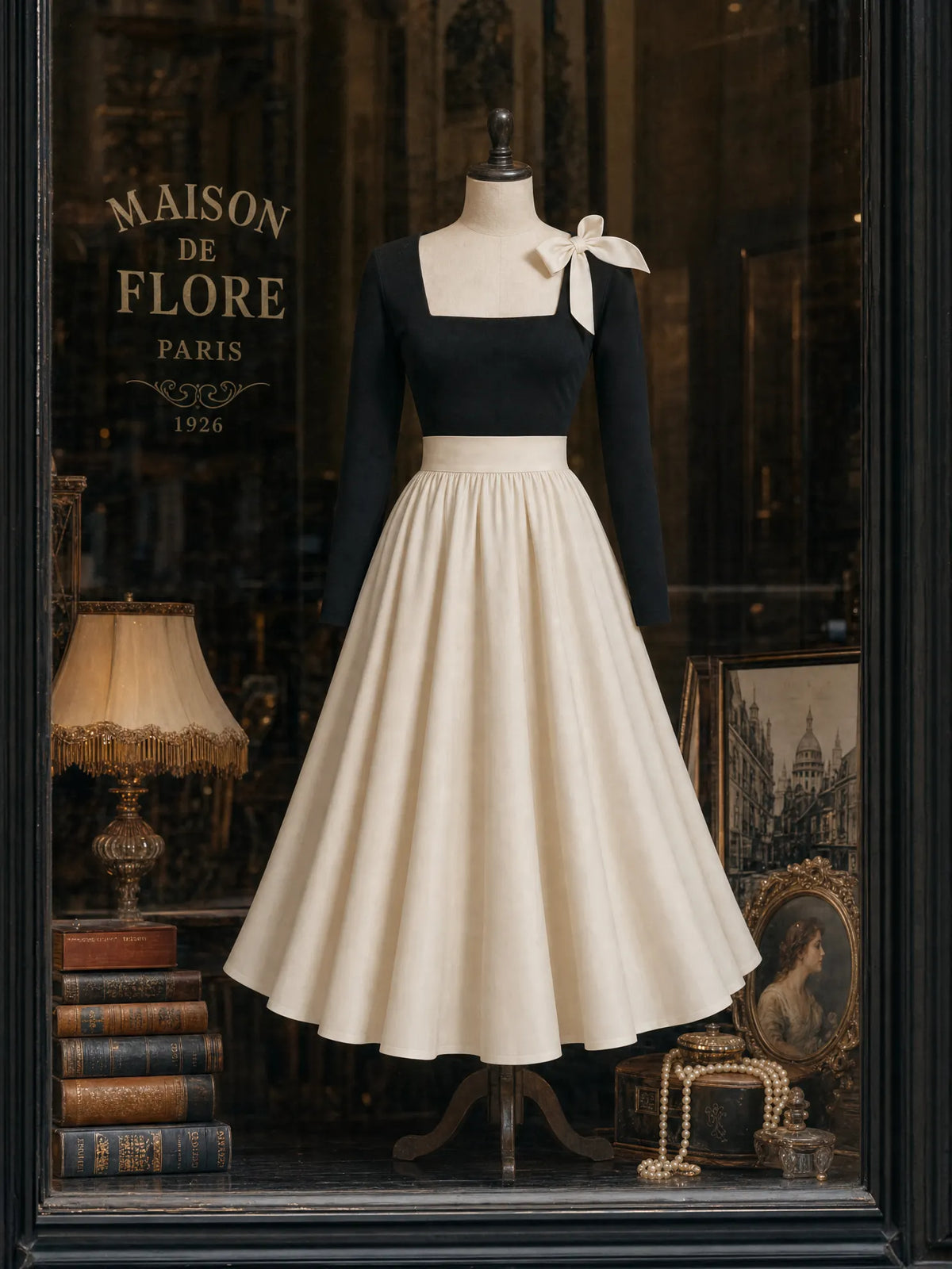 Vintage Square Neck Bow Swing Maxi Skirt Two-piece Set