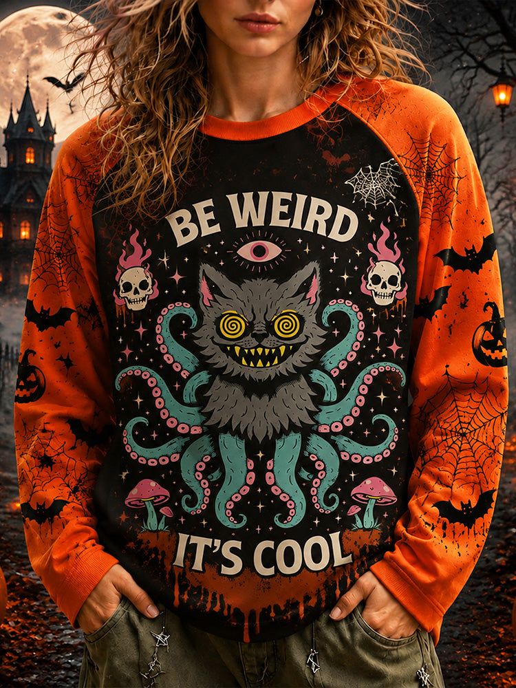 Vintage Be Weird It’s Cool Halloween Octo‐cat Raglan Sweatshirt
