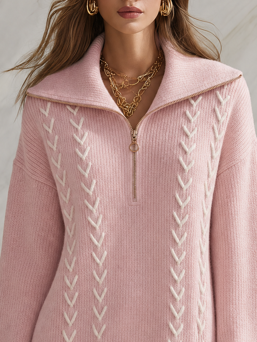 Resort-style Collared Half-zip Long-sleeve Knit Mini Dress