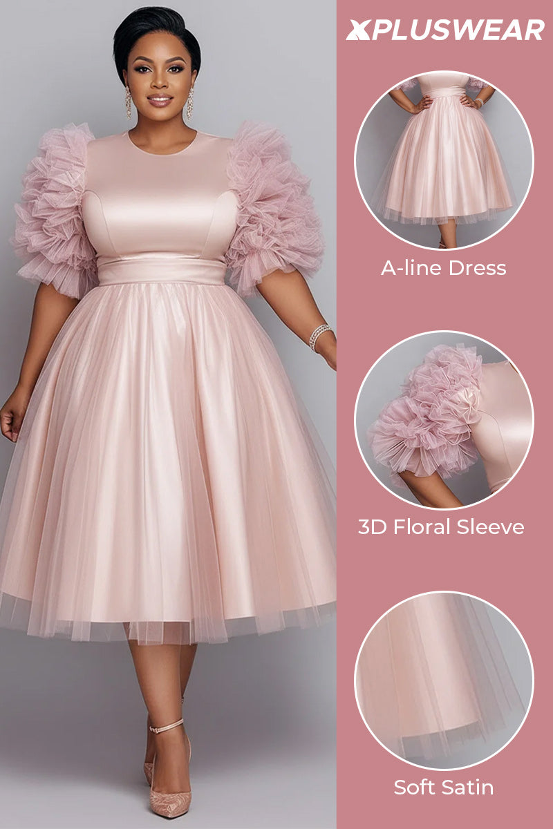 Formal Tulle Pink Round Neck Long Sleeve Contrast Elegant 3D Satin Midi Dresses