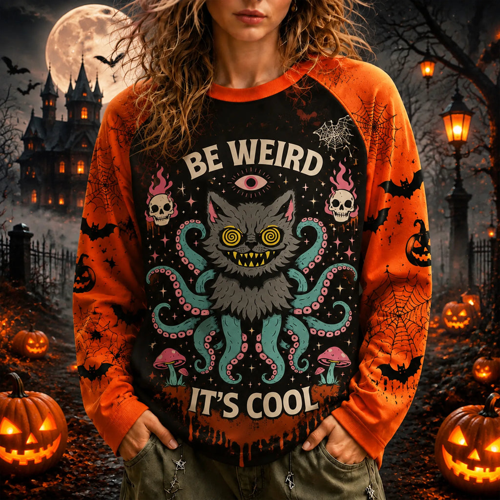 Vintage Be Weird It’s Cool Halloween Octo‐cat Raglan Sweatshirt