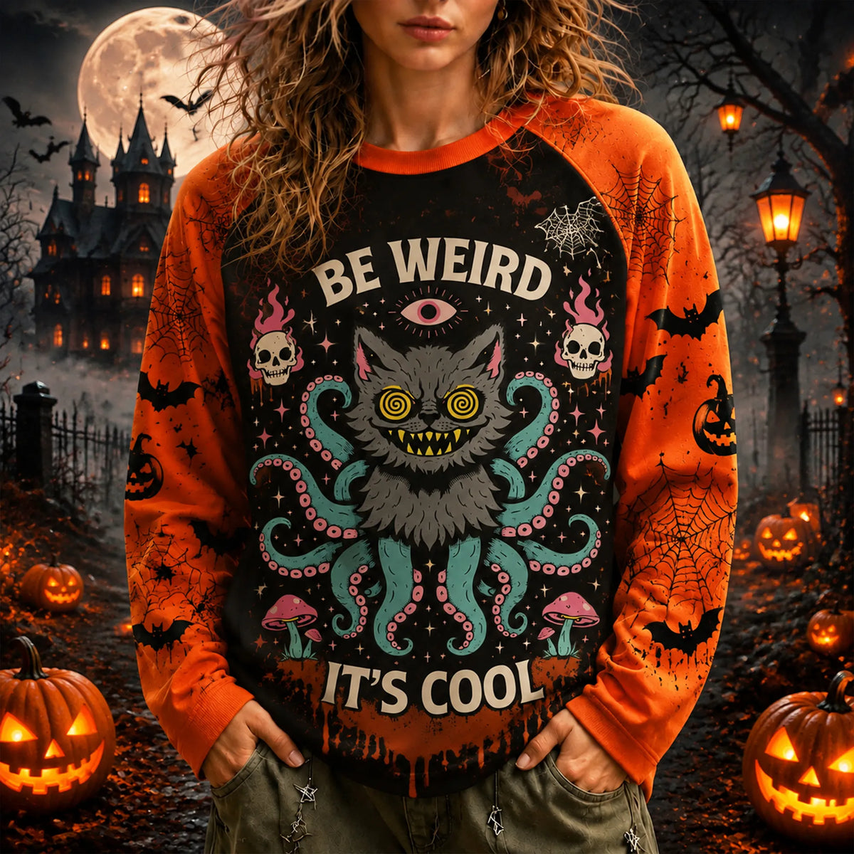 Vintage Be Weird It’s Cool Halloween Octo‐cat Raglan Sweatshirt